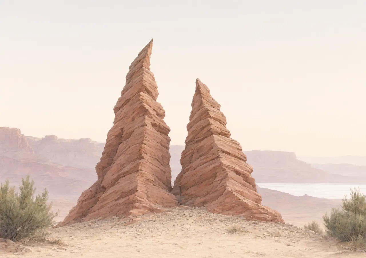 Two red sandstone spires on a rise above a hazy desert canyon and a salt flat, painted in soft gouache